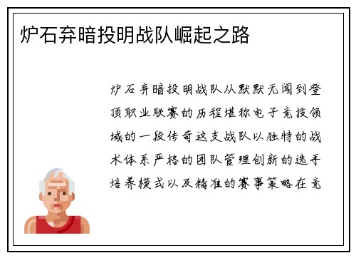 炉石弃暗投明战队崛起之路